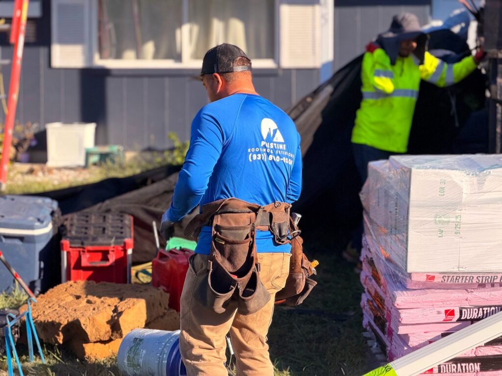 Pristine Roofing installer carrying premium shingles